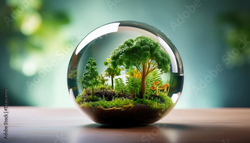 Glass sphere containing miniature ecosystem with lush greenery, trees, and ferns, symbolizing sustainability and environmental science