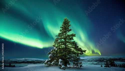 Glowing emerald evergreen tree stands majestically under northern lights, symbolizing vitality and wonder of Arctic landscape