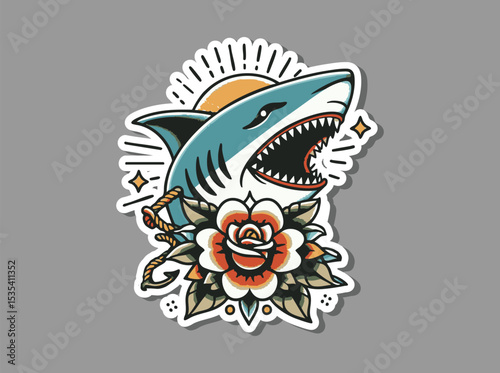 Old School Shark and Floral Tattoo Art