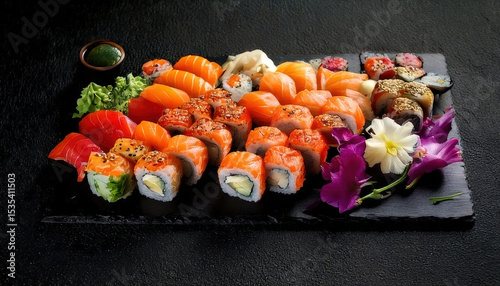 Gourmet sushi platter arranged on black slate with vibrant colors and edible flowers, showcasing variety of Japanese cuisine