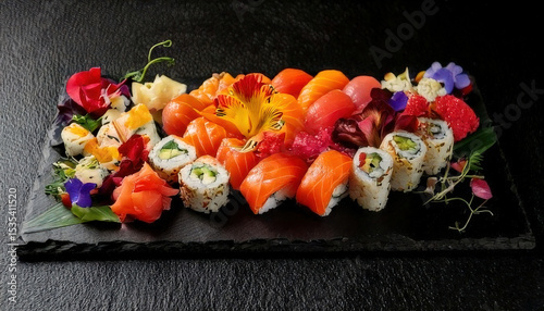 Gourmet sushi platter beautifully arranged on black slate, featuring vibrant colors and edible flowers, showcasing minimalist Japanese cuisine