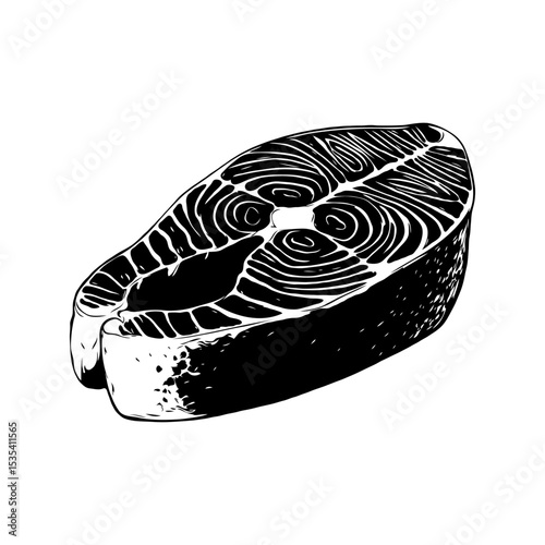 Salmon steak slice in black and white engraving style on white background, concept of seafood, culinary or cooking ingredient sketch