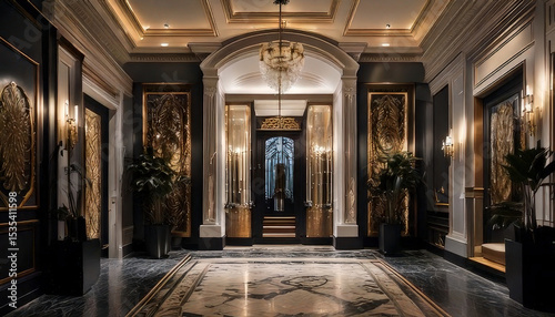 Luxurious home entryway featuring dramatic lighting, elegant decor, and designer art pieces, creating inviting atmosphere