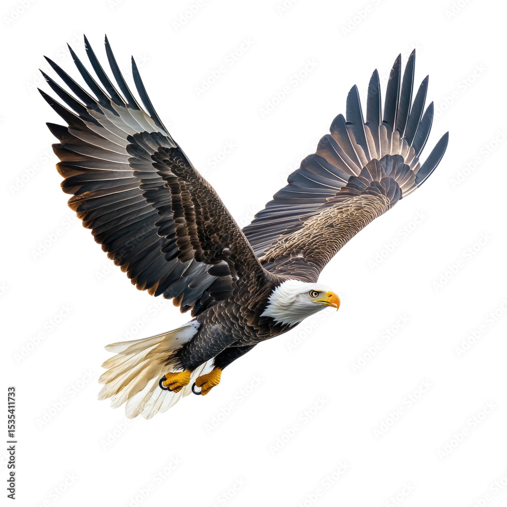 Naklejka premium Bald eagle soaring gracefully in clear sky with wings spread wide isolated on transparent background, cutout PNG