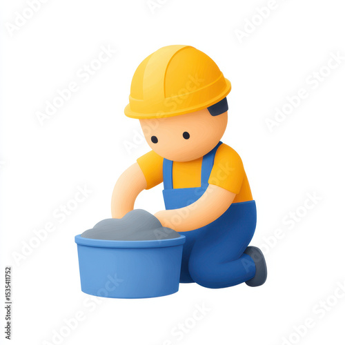 Toy construction worker figure with yellow helmet and blue overalls kneeling with bucket of gray cement, representing building