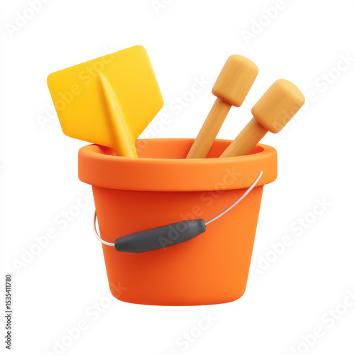 Children toy set with small orange bucket, yellow shovel, and two wooden mallets, designed for pretend play and outdoor