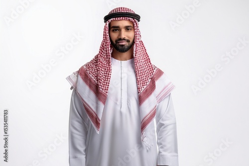 An Arab man wearing a traditional white thobe and red and white keffiyeh, standing confidently and isolated on a white background