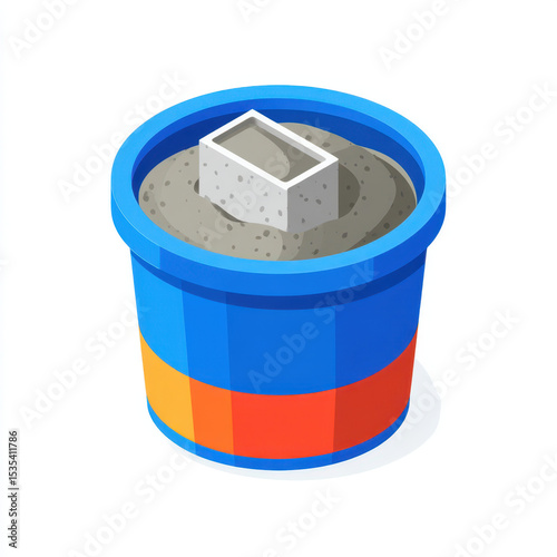 Illustration of cement bucket with rectangular mold inside, showing process of concrete mixing and pouring, viewed from above