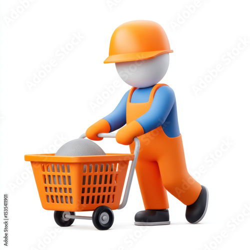 Construction worker figure pushing shopping cart with round object inside, wearing orange helmet and overalls, with cheerful