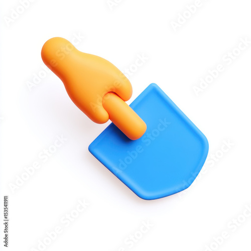 Colorful abstract sculpture featuring yellow hand shaped object holding blue rectangular block, with playful and modern design