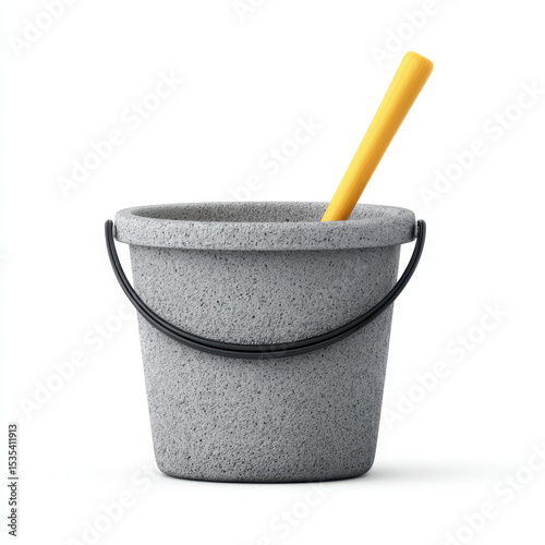Concrete bucket with yellow tool inside isolated white background modern design construction DIY gardening outdoor home