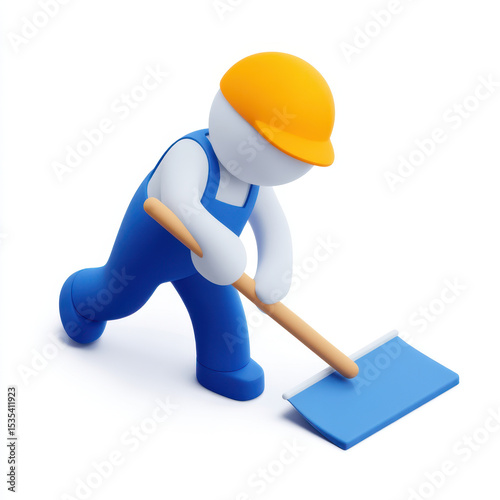 Construction worker figure with yellow hard hat and blue overalls, pushing blue broom white background, symbolizing cleaning