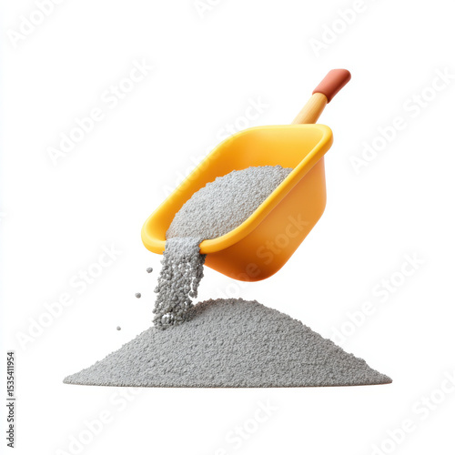 Yellow toy wheelbarrow pouring gray cement like material onto pile, isolated white background, illustrating construction