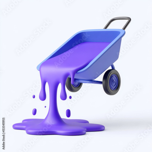Toy wheelbarrow filled with purple liquid spilling over sides, with simple white background, creating playful and surreal
