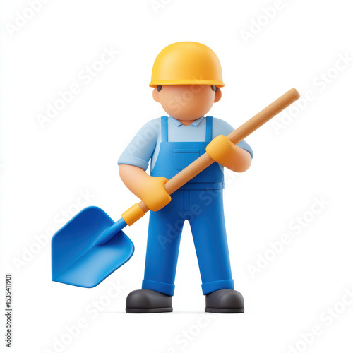Cartoon construction worker wearing yellow safety helmet and blue overalls holding shovel with wooden handle, standing