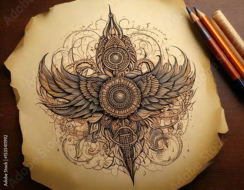 Hand drawn tattoo design featuring intricate ornamental line art with wings and central compass motif parchment. This artwork evokes sense