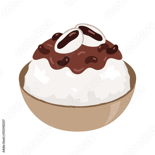 Patbingsu, a Korean summer dessert. A snack topped with shaved ice and sweet red beans.