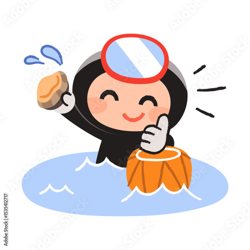 A character of a female diver from Jeju Island, South Korea. A cute female diver holding an abalone she caught in the sea and giving a thumbs up.