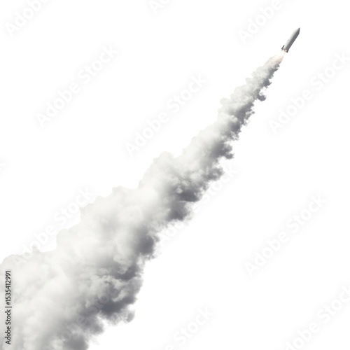 Rocket shooting into the sky, leaving a trail of smoke, isolated on transparent background, cutout PNG
