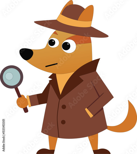 A cartoon detective dog with a magnifying glass in hand. Character ready to solve mysteries. Vector illustration on a white background.