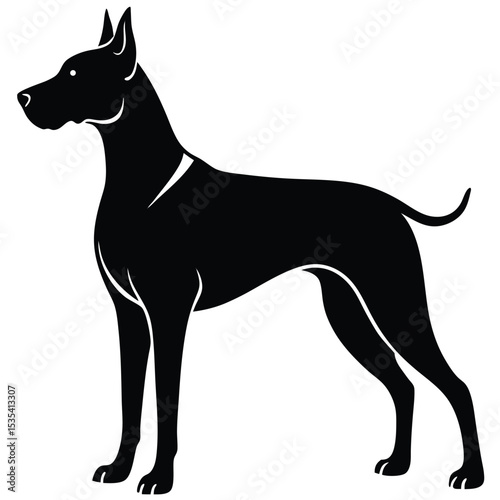 Elegant black silhouette of a great dane dog standing in profile against a white background