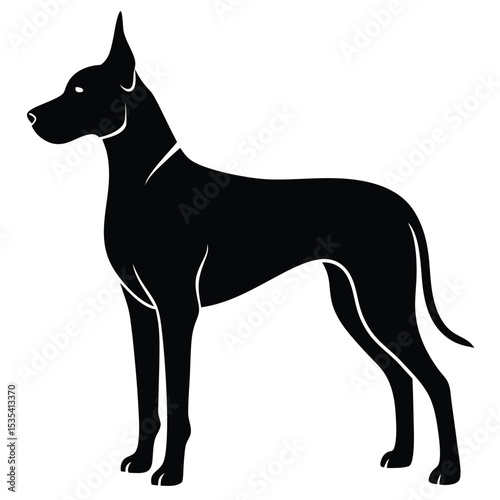 Elegant black silhouette of a great dane dog standing proudly isolated on white background