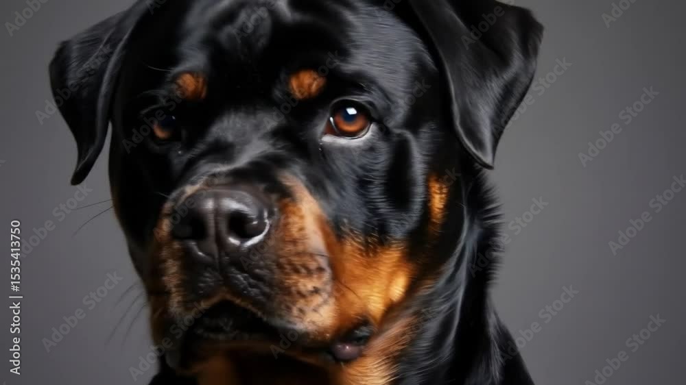 A close-up portrait of a Rottweiler, showcasing its strong and noble features with an intense gaze.