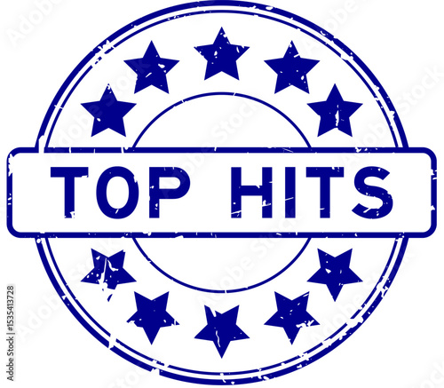 Grunge blue top hits word with star icon round rubber seal stamp on white background
