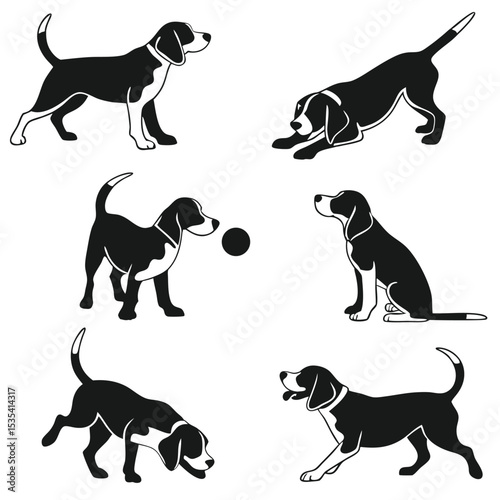 Playful vector illustration of a beagle dog demonstrating various actions and poses in black and white