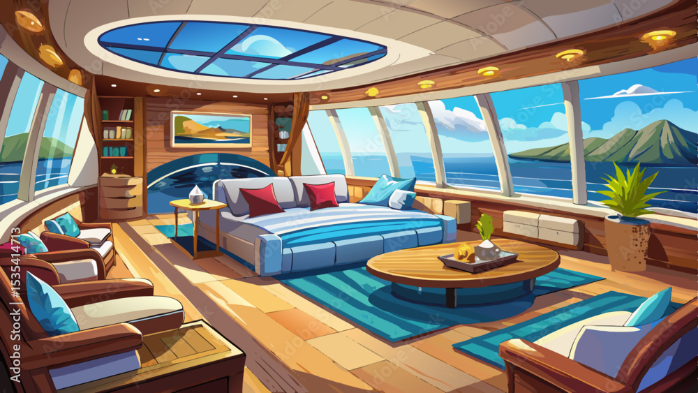 Fototapeta premium Luxury Yacht Master Suite with Ocean View .Very beautiful