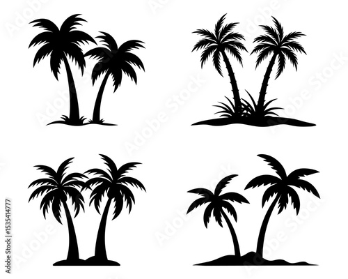 Set of palm tree silhouettes on a tropical beach scene