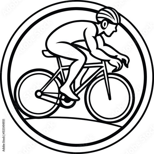 Cyclist in circular frame illustration isolated on white background. biker silhouette vector