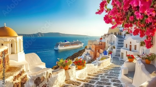 Picturesque coastal town with a cruise ship in the distance.