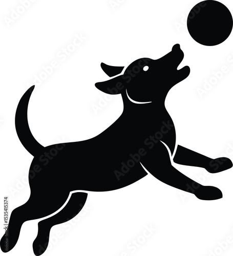 Silhouette of a playful dog jumping up to catch a black ball in vector illustration