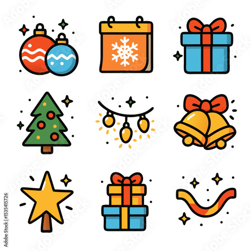 Christmas tree icons nine colorful ornaments gifts and a festive tree.