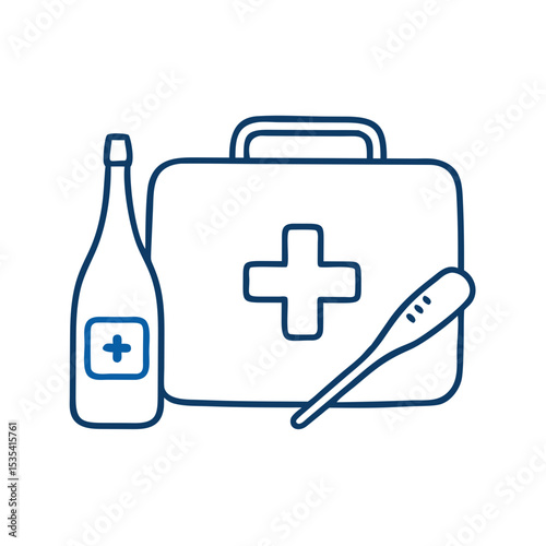 Medical first aid kit icon with vial and thermometer, ideal for health emergencies and healthcare settings