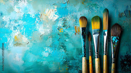 Artistic paintbrushes rest on a vibrant teal textured canvas, showcasing the tools of creative expression.