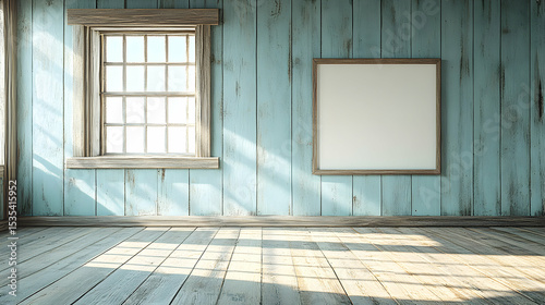 Rustic room interior with blank frame, wooden walls, and sunlight streaming through a window. Perfect for mockups, design projects, and adding your own creative touch.