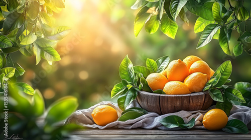 Fresh lemons in a rustic wooden bowl, surrounded by vibrant green leaves, bathed in warm sunlight. A tranquil scene evoking feelings of freshness and nature's bounty.