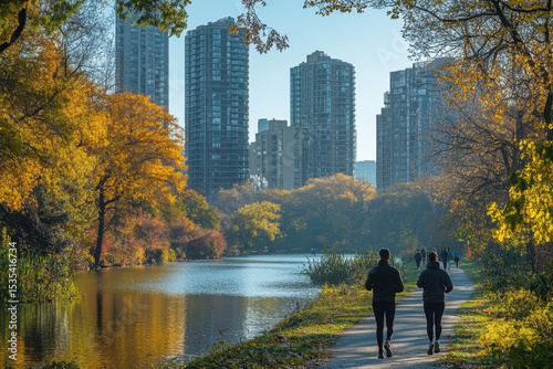 people walking along a lake in Central Park.
