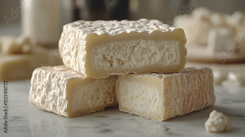 Gourmet cheese selection, close-up shot of creamy, textured cheese pieces on marble background.  Perfect for culinary blogs, food magazines, or cheese advertisements.