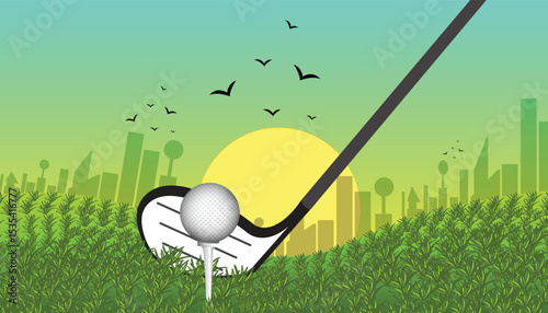 Golf club getting ready to hit ball on golf course at sunset with city in background