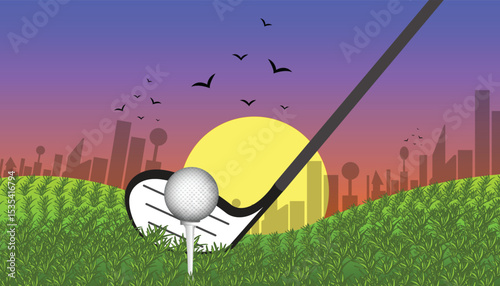 Golf club getting ready to hit ball on golf course at sunset with city in background