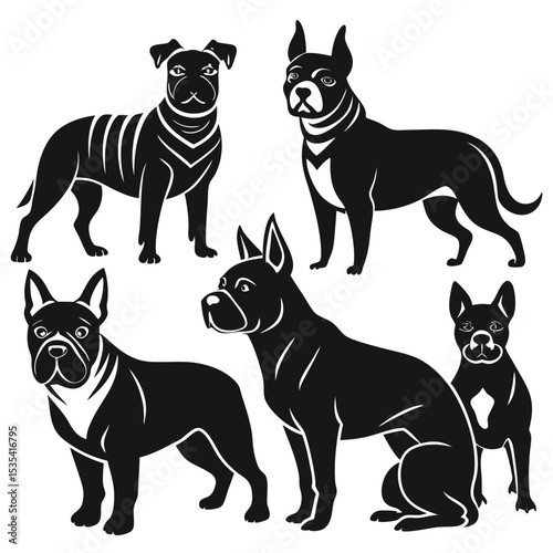 Stylized black and white dog silhouettes featuring various poses and breeds for design