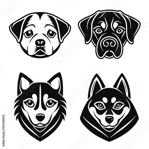 Stylized dog breed heads in black and white for logos and design elements