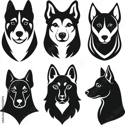 Stylized husky dog head portraits in black and white for logo designs and illustrations