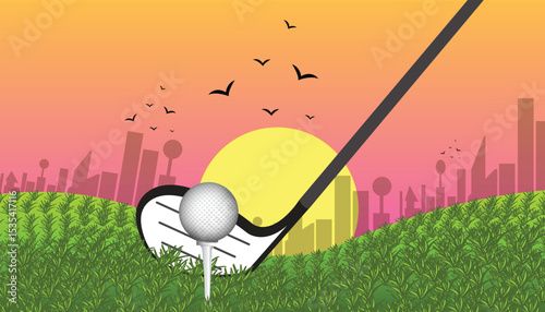 Golf club getting ready to hit ball on golf course at sunset with city in background
