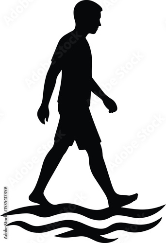 Silhouette man walking barefoot on water vector illustration