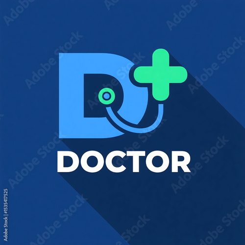 A vibrant teal d entwined with a stethoscope and plus symbol, representing doctor, casts a long shadow on a deep blue background