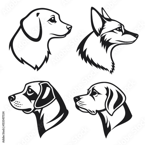 Vector illustration of different dog head silhouettes in black and white designs